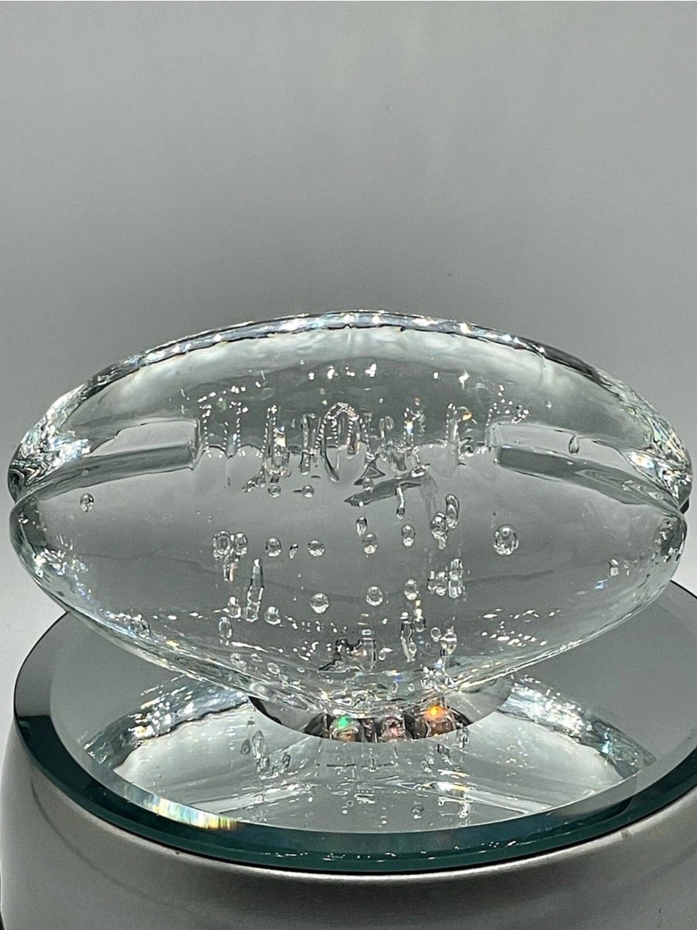Vintage / MCM Art Glass: Clear Crystal Football Paperweight Bullicante Sculpture